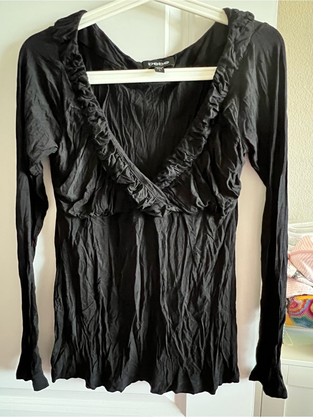 bebe Black Ruffled V-Neck Long Sleeve Top
